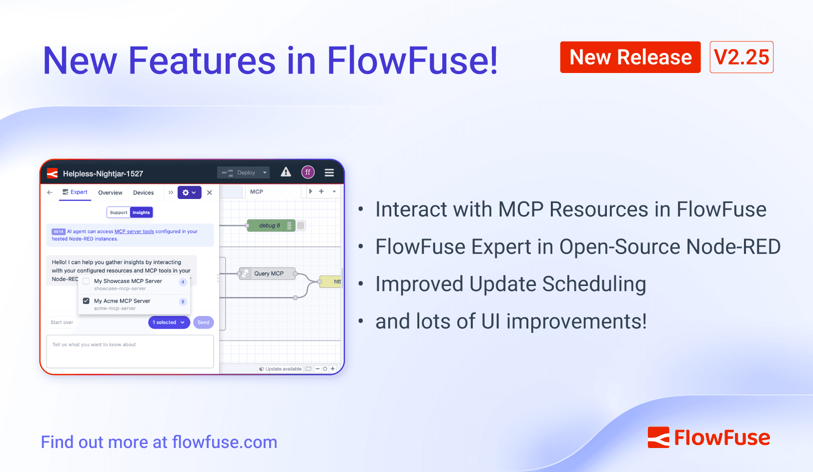 Image representing FlowFuse 2.25: Interacting with MCP Resources in FlowFuse Expert, Improved Update Scheduling, and lots of UI improvements!