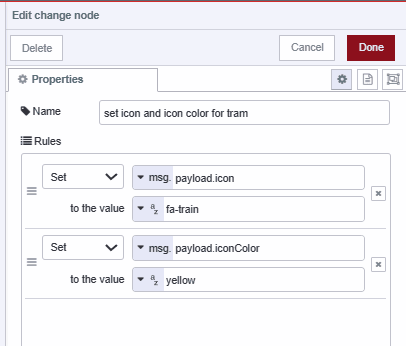 Screenshot of the Change node setting the icon and icon color for tram