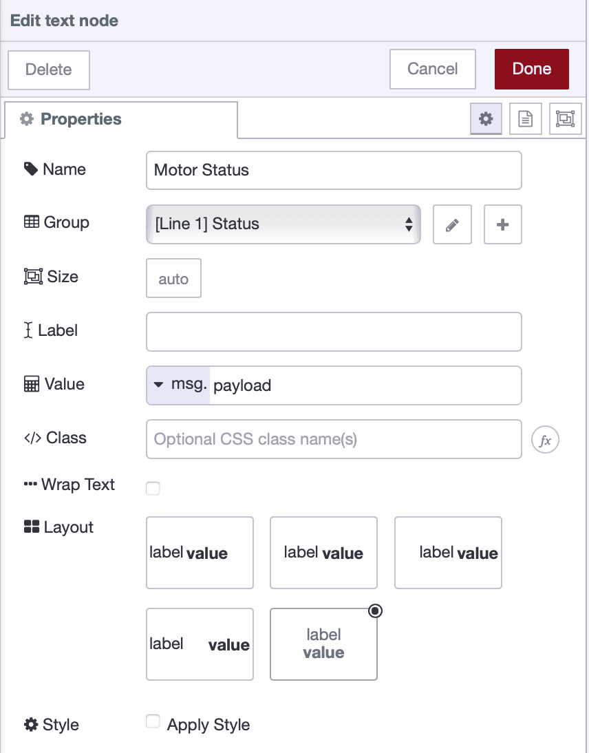 UI text widget configuration for displaying motor status