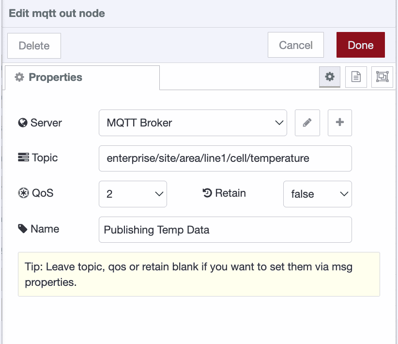 MQTT-out node configuration panel settings